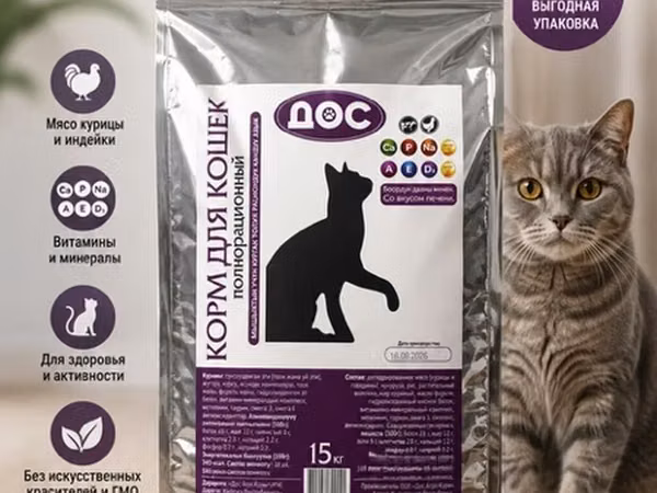 Полнорационный сухой корм для кошек DOC, со вкусом печени. Доставка
