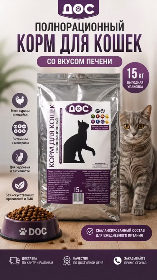 Полнорационный сухой корм для кошек DOC, со вкусом печени. Доставка