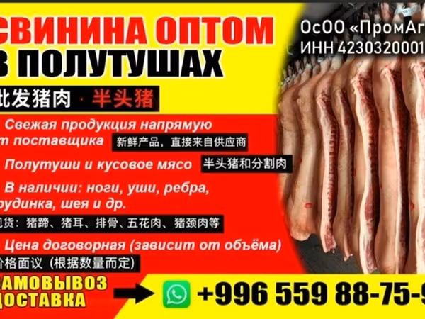 СВИНИНА ОПТОМ В ПОЛУТУШАХ Ассортимент: - Полутуши и фасованное